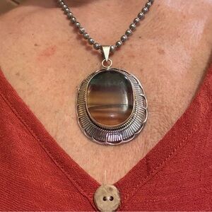Sterling Silver Brown Agate Oval Pendant Necklace